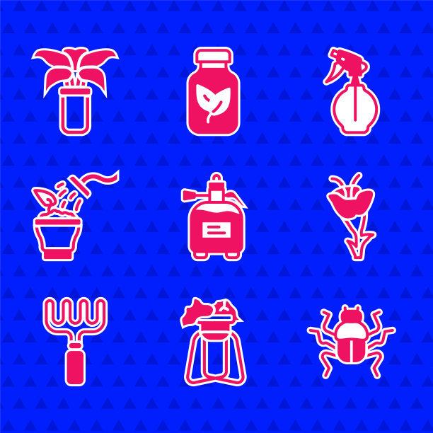 设置花园喷雾器肥料，植物的立场，甲虫甲虫，花，耙子，喷洒植物，水瓶和异域热带花盆图标。向量图片下载