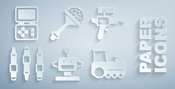 集合机器人玩具，镭射枪，记号笔，玩具火车，拨浪鼓宝宝和俄罗斯方块电子游戏图标。向量图片下载