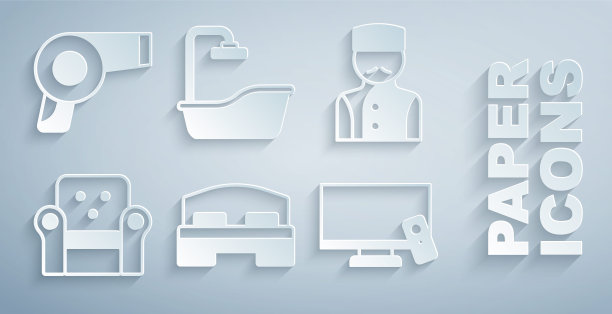 设置酒店客房床，礼宾，扶手椅，智能电视，浴缸和电吹风图标。向量图片下载