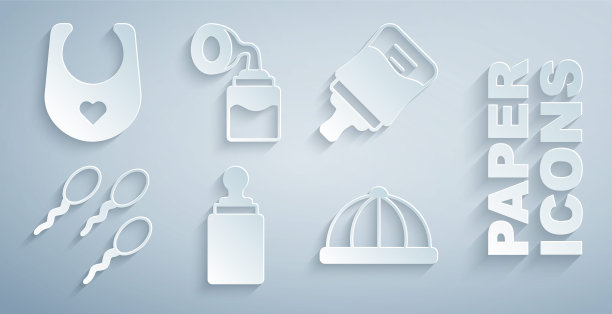 设置婴儿奶瓶，精子，帽子，吸奶器和围兜图标。向量图片下载