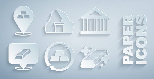 设置黄金兑换货币，银行建筑，酒吧，我和图标。向量图片下载