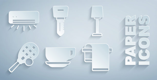 咖啡杯，台灯，带球的网球拍，挂毛巾，酒店门锁钥匙和空调图标。向量图片下载