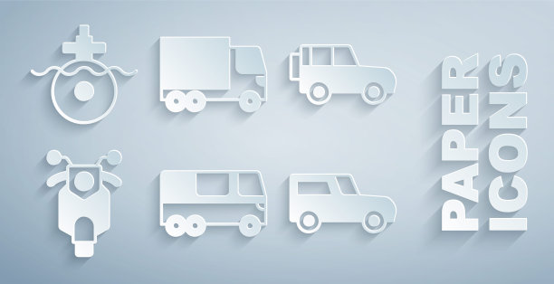 集合巴士，越野汽车，滑板车，汽车，货运卡车和潜艇图标。向量图片下载