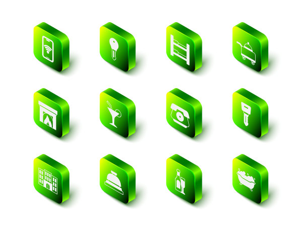 设置酒店门锁钥匙，房间床，覆盖托盘的食物，浴缸，电话听筒，香槟瓶玻璃和服务钟图标。向量图片下载