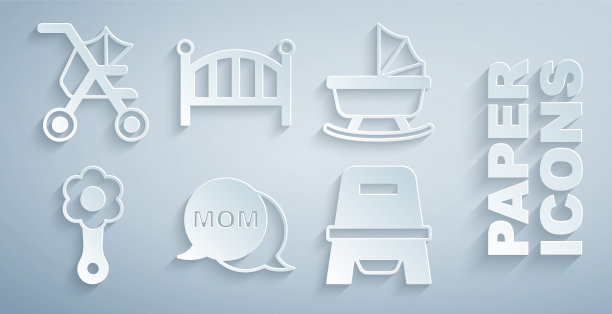 设置语音泡泡妈妈，婴儿推车，拨浪鼓婴儿玩具，便盆，摇篮床和图标。向量图片下载