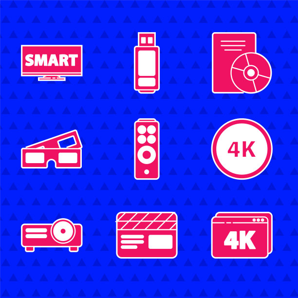 设置遥控器，电影拍板，在线播放视频4k，超高清，电影，电影，媒体投影仪，3D电影眼镜，CD DVD光盘和屏幕电视智能图标。向量图片下载