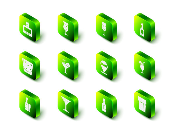 啤酒，香槟，香槟瓶，鸡尾酒，水，酒吧位置，和马提尼酒杯图标。向量图片下载