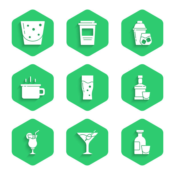 啤酒，马提尼杯，酒精饮料朗姆酒，威士忌瓶和，鸡尾酒，咖啡杯，摇壶和朗姆酒图标。向量图片下载