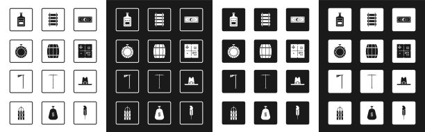 Set堆栈纸币现金，木桶，水壶水壶，威士忌，藏宝图，铁路，铁路轨道，西部牛仔帽和战斧图标。向量图片下载