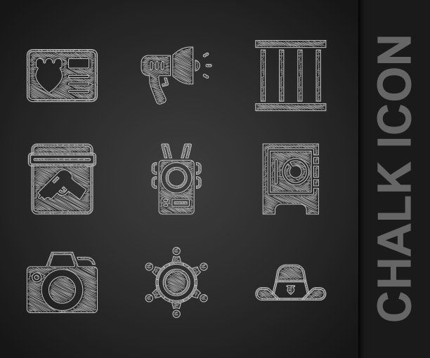 设置警察身体摄像头，六角警长，警长帽子与徽章，安全，照片，证据袋枪，监狱窗口和案件图标。向量图片下载