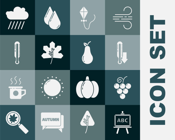 设置黑板，葡萄水果，气象温度计，风筝，树叶，雨云和梨图标。向量图片下载