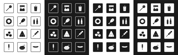 设置纸玻璃吸管，鸡腿，甜甜圈，棒棒糖，酱瓶，街头摊棚，肉丸木棒和苹果图标。向量图片下载