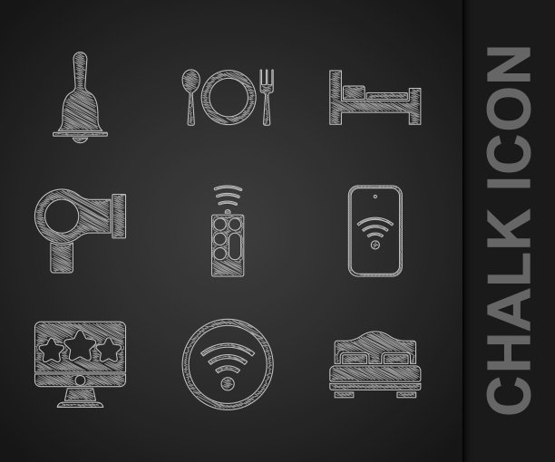 设置遥控器，Wi-Fi无线，酒店客房床，手机Wi-Fi，五星评级评论，电吹风，服务钟图标。向量图片下载