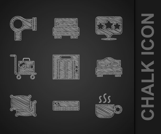 集电梯，空调，咖啡杯，酒店房间床，枕头，手提箱，五星评级评论和电吹风图标。向量图片下载