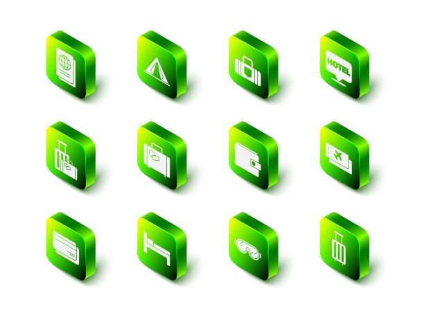 集旅游帐篷，手提箱，位置酒店，机票，钱包，滑雪护目镜和床的图标。向量图片下载