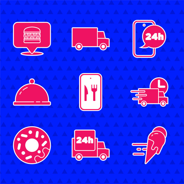 设置在线订购和送货，快速汽车，冰淇淋，甜甜圈，覆盖托盘的食物，食品和汉堡图标。向量图片下载