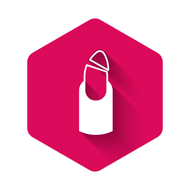 白色破碎的指甲图标与长阴影背景隔离。断裂的指甲。粉红色的六角按钮。向量图片下载