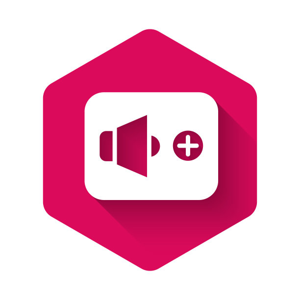 白色扬声器音量，音频语音声音符号，媒体音乐图标隔离与长阴影背景。粉红色的六角按钮。向量图片下载