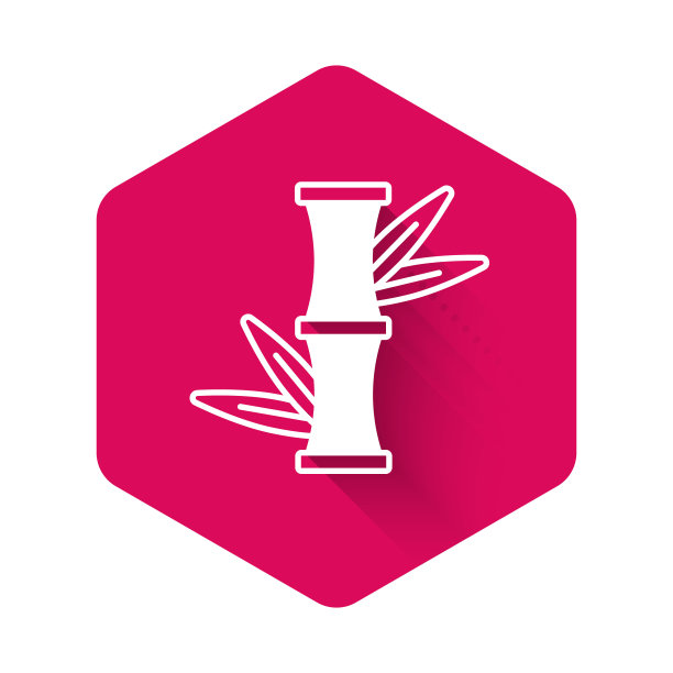 白色竹图标孤立与长阴影背景。粉红色的六角按钮。向量图片下载