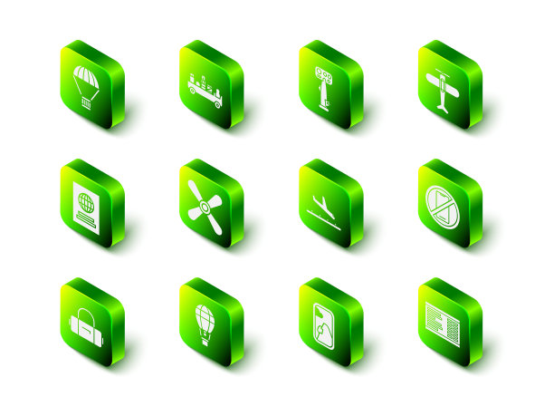 设置机场行李拖车，飞机舵手，飞机，无手机，登机，着陆，飞机窗口和热气球图标。向量图片下载