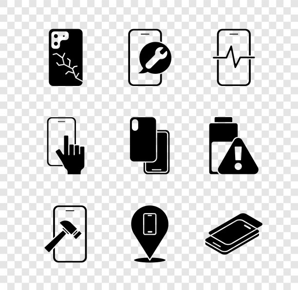 Set Mobile with broken screen, service, Phone repair, Glass protector, and Smartphone icon。向量图片下载