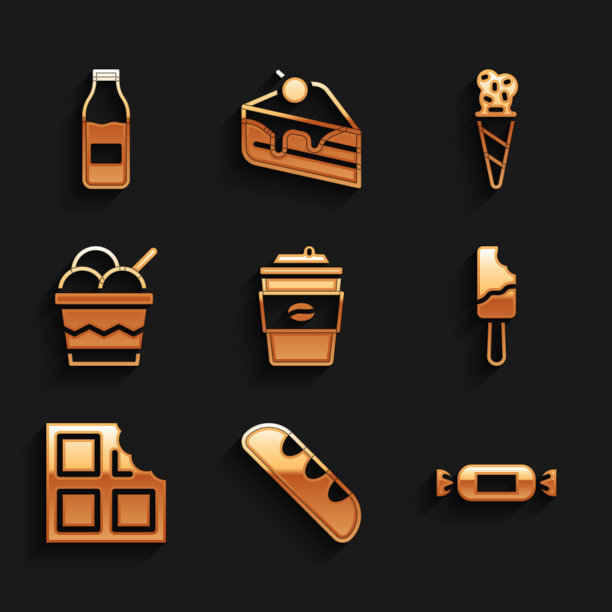 咖啡杯外带，法式长棍面包，糖果，冰淇淋，巧克力棒，在碗，华夫饼筒和牛奶图标的瓶子。向量图片下载