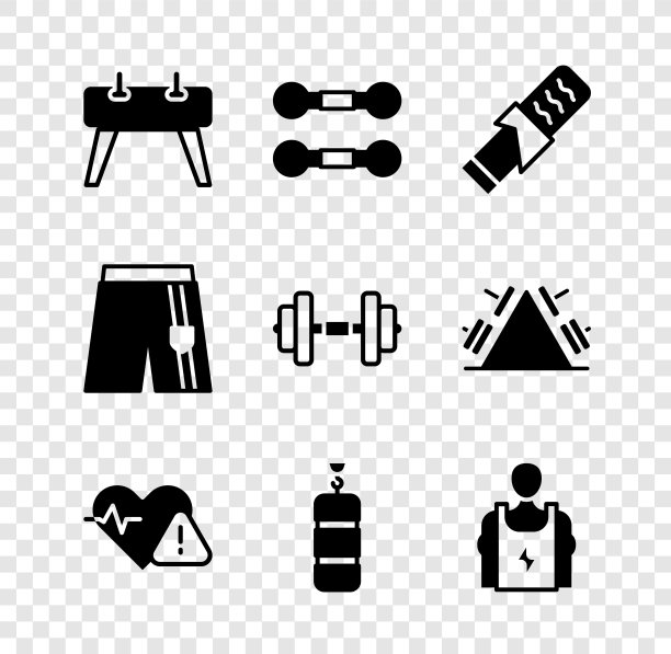 设置鞍马，哑铃，蛋白质运动酒吧，心率，沙袋，健美运动员，短裤和图标。向量图片下载