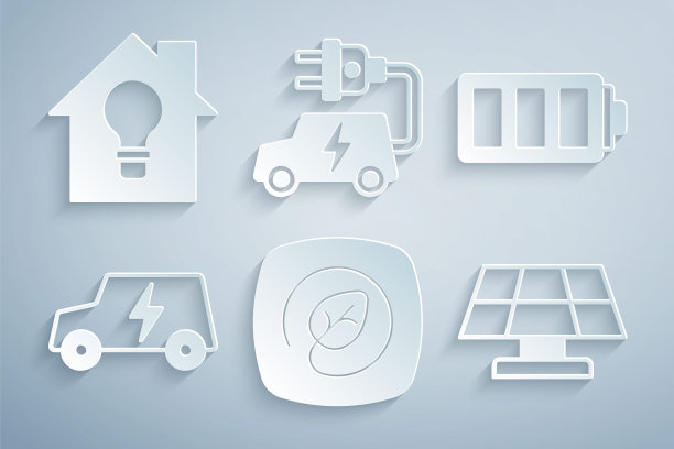 设置位置与树叶，电池，电动汽车，太阳能面板，智能房屋和灯泡图标。向量图片下载