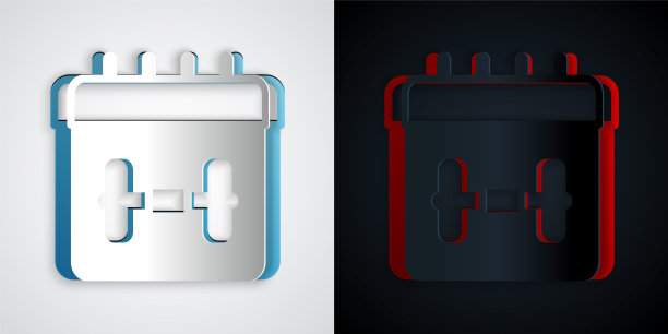 剪纸日历健身图标孤立在灰色和黑色的背景。训练计划。纸艺术风格。向量图片下载