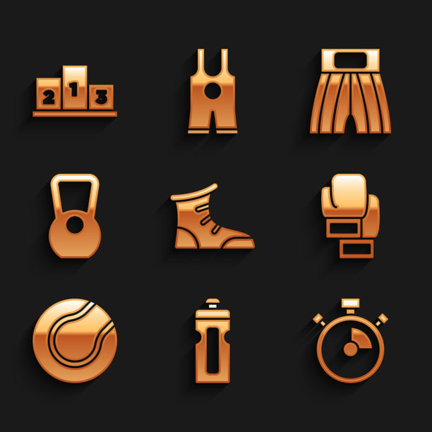 集运动拳击鞋，健身摇壶，秒表，拳击手套，网球，壶铃，短和奖励超过体育冠军领奖台图标。向量图片下载