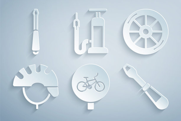 设置自行车，车轮，头盔，螺丝刀，气泵和图标。向量图片下载
