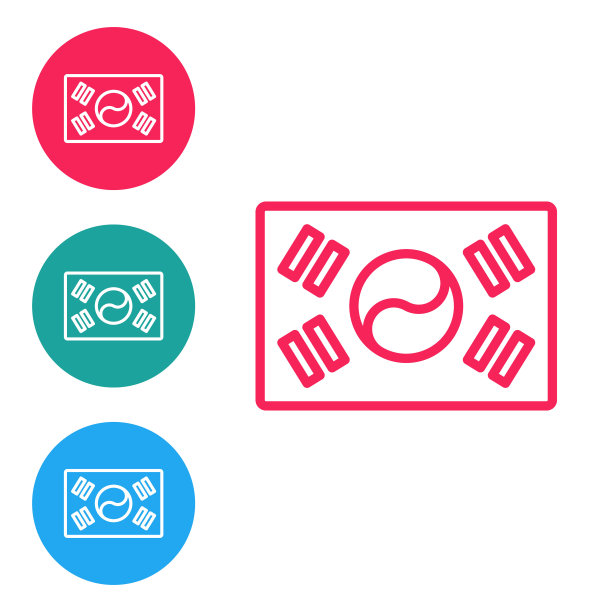 红线上的韩国国旗图标孤立在白色背景上。在圆形按钮中设置图标。向量图片下载