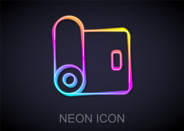 发光的霓虹灯线健身垫滚动图标孤立在黑色背景。瑜伽垫。运动设备。向量图片下载