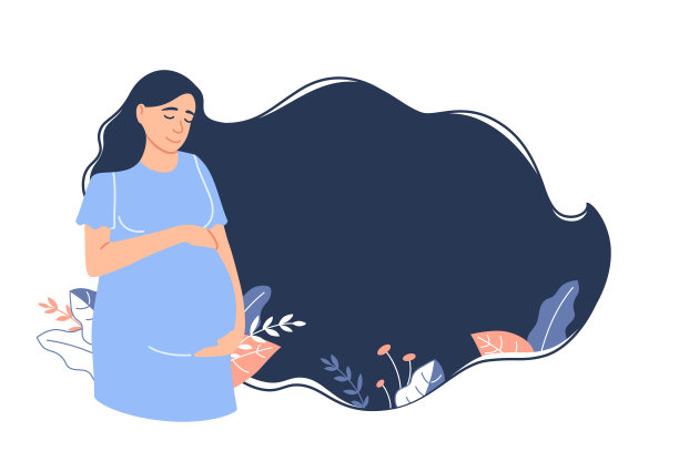 平怀孕背景。年轻的白种人微笑着，深色长发的孕妇抱着肚子。父母花横幅与空白的文本。健康怀孕卡通矢量插图。图片下载