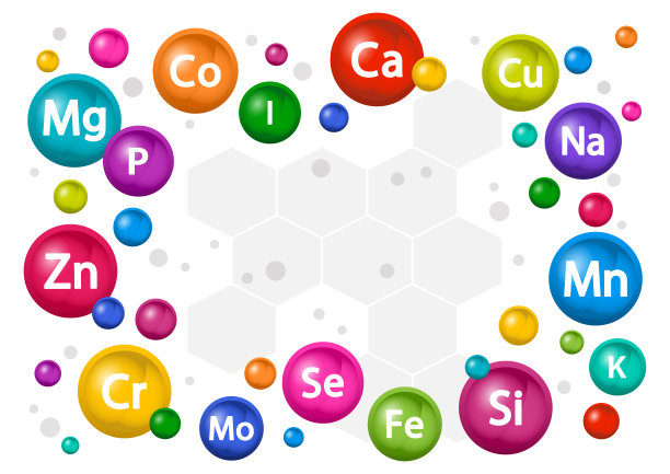 矿物质的补充。多种维生素复合物的健康。维生素的图标。钙镁锌铁碘锰钴铜钾辉钼矿铬硅硒。向量图片下载