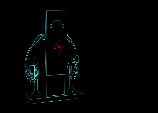 插图草图浅蓝色电动汽车充电站轮廓形状与插头电动汽车电源电缆供电隔离在黑色背景图片下载
