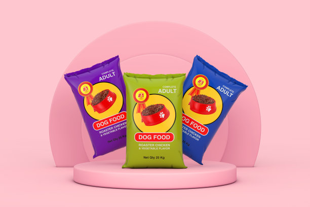 狗粮袋包装设计在粉红色圆筒产品舞台基座。3d渲染图片下载