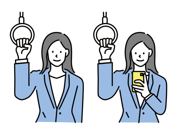 上火车，抓住皮带的插图(通勤，上学，交通，在火车上看到智能手机)上火车，抓住皮带的插图。上下班，上下班，交通，看手机图片下载