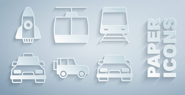 出发公路汽车，火车和铁路，出租车，汽车，电缆和火箭船图标。向量图片下载