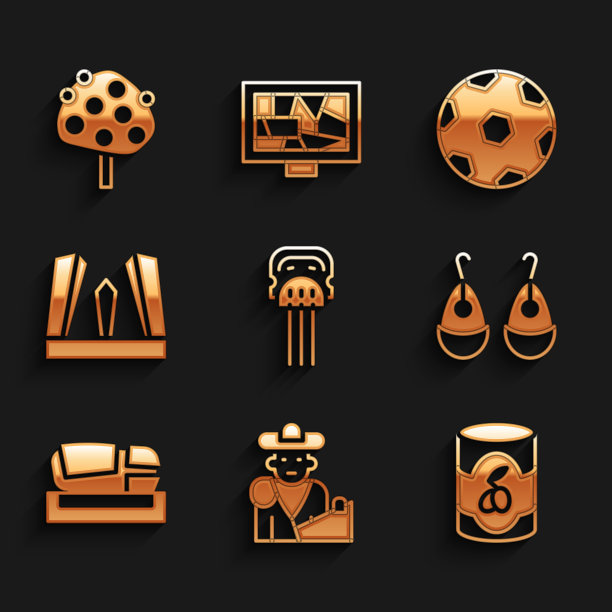 集Peineta，斗牛，斗牛士，橄榄罐头，耳环，体育场梅斯塔拉，欧洲之门，足球和橘子树图标。向量图片下载