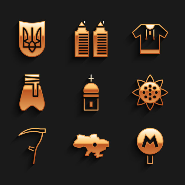 设置教堂塔，乌克兰地图，地铁或地下，向日葵，镰刀，哥萨克裤子，刺绣衬衫和乌克兰三叉戟图标。向量图片下载