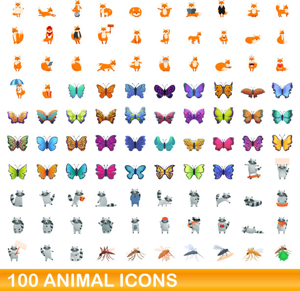 100个动物图标设定卡通风格图片下载