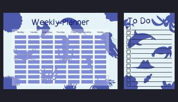 每周计划和做清单模板与海洋动物剪影。为孩子设计时间表。水下的背景。图片下载