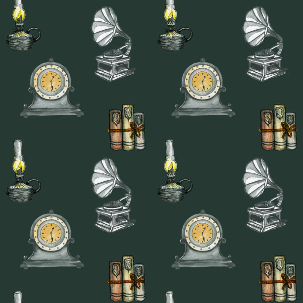 无缝水彩图案。学校的书。回到学校。纸上画着书。复古时钟，烛台，蜡烛，一堆书。图片下载