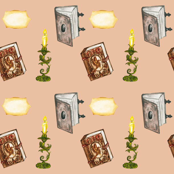 无缝水彩图案。学校的书。回到学校。纸上画着书。复古时钟，烛台，蜡烛，一堆书。图片下载