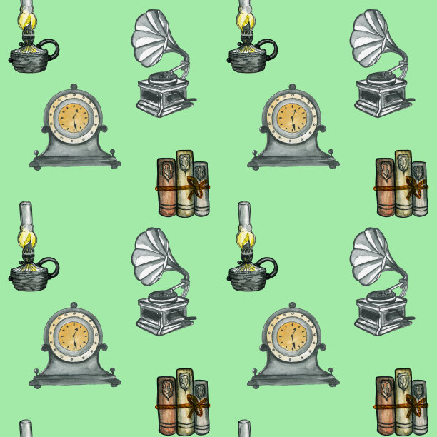 无缝水彩图案。学校的书。回到学校。纸上画着书。复古时钟，烛台，蜡烛，一堆书。图片下载