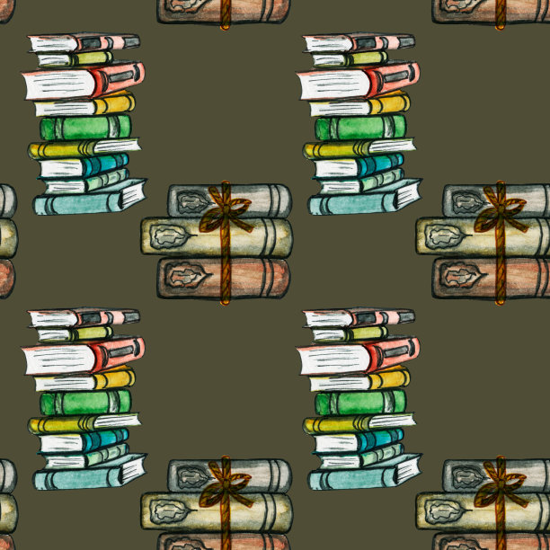 无缝水彩图案。学校的书。回到学校。纸上画着书。复古时钟，烛台，蜡烛，一堆书。图片下载