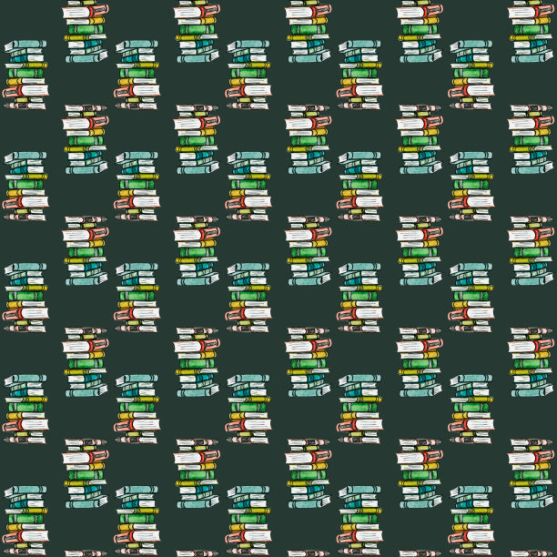 无缝水彩图案。学校的书。回到学校。纸上画着书。复古时钟，烛台，蜡烛，一堆书。图片下载