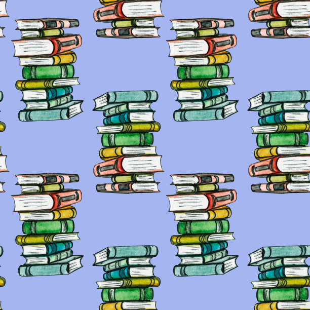 无缝水彩图案。学校的书。回到学校。纸上画着书。复古时钟，烛台，蜡烛，一堆书。图片下载