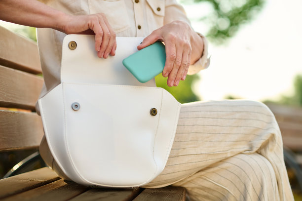 女性的手把智能手机放在打开的包里图片下载